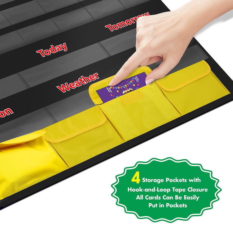 Black Calendar and Weather Pocket Chart with 148 Cards,(108 Illustrated Activity Cards, 40 Dry Erasable Flash Cards and 3 Hooks 28"x35.5") Black
