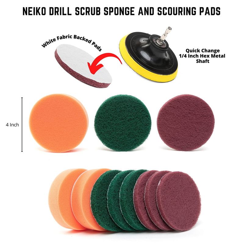 NEIKO 00322A Brush Drill Attachment Set | 15 Pieces | Polishing, Buffing, Scrubbing & Scouring Pads | Cleaning Round Pad for Carpets | Power Scrub Brush for Toilets | Long Reach Extension Included 15 PIECE DRILL BRUSH SET