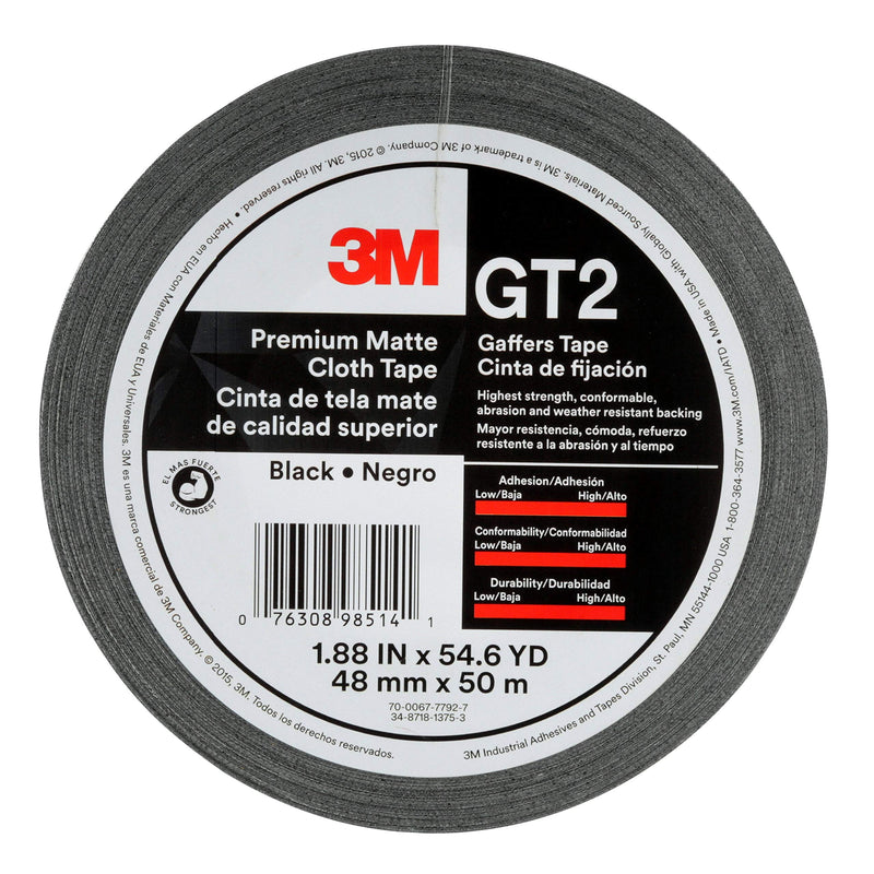 3M Premium Matte Cloth Gaffers Tape GT2, Black, 48 mm x 50 m, 11 mil