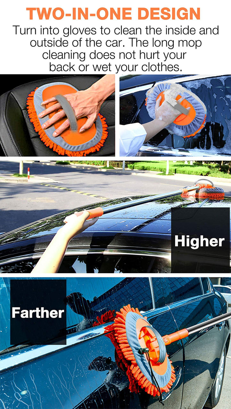 WillingHeart 47.5" Car Wash Brush Mop Cleaning Tool with Long Handle Kit for Washing Detailing Cars Truck, SUV, RV, Trailer, Boat 2 in 1 Chenille Microfiber Sponge Duster Not Hurt Paint Scratch Free Orange