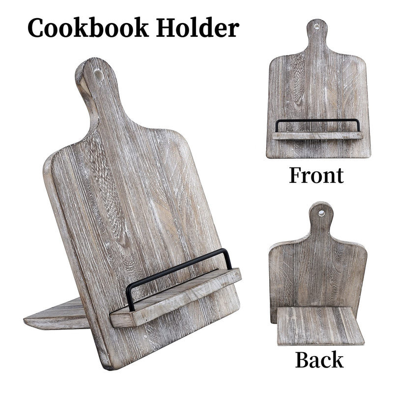 Cookbook Stand, Cutting Board Style Wood Recipe Holder Recipe Book Stand with Adjustable Pull-Out Stand, Rustic Cookbook Holder (Distressed Grey) Distressed Grey