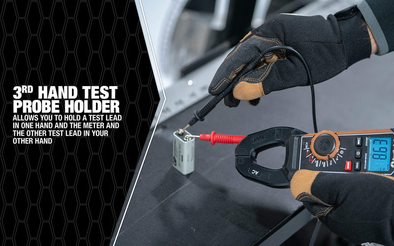 Southwire 21510N clamp meter, third-hand test probe holder, 400A AC current range, CAT III 600V safety rating, built-in non-contact voltage detector, 5 year warranty, Black Brown