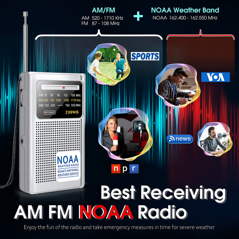 Greadio NOAA Weather Radio, AM/FM Battery Operated Transistor Portable Radio with Best Reception,Stereo Earphone Jack,Powered by 2 AA Battery for Emergency,Hurricane,Running, Walking,Home (Silver) Silver