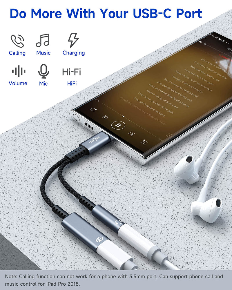 USB C to 3.5mm Headphone and Charger Adapter,LERTOSEN 2 in 1 USB C PD 3.0 Charging Port to Aux Audio Jack and 60W Fast Charging Dongle Cable Cord for Galaxy S22/S21/S20/Note 20,Pixel 6/5/4/XL,iPad Pro Splitter 2-in-1 Headphone Adapter