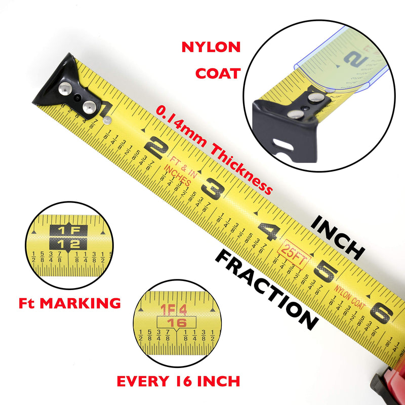 VINCA TPMA-10 10 Feet Tape Measure with Fraction Low Glare Nylon Coat Matte Finish High Visibility Blade Marking 10'