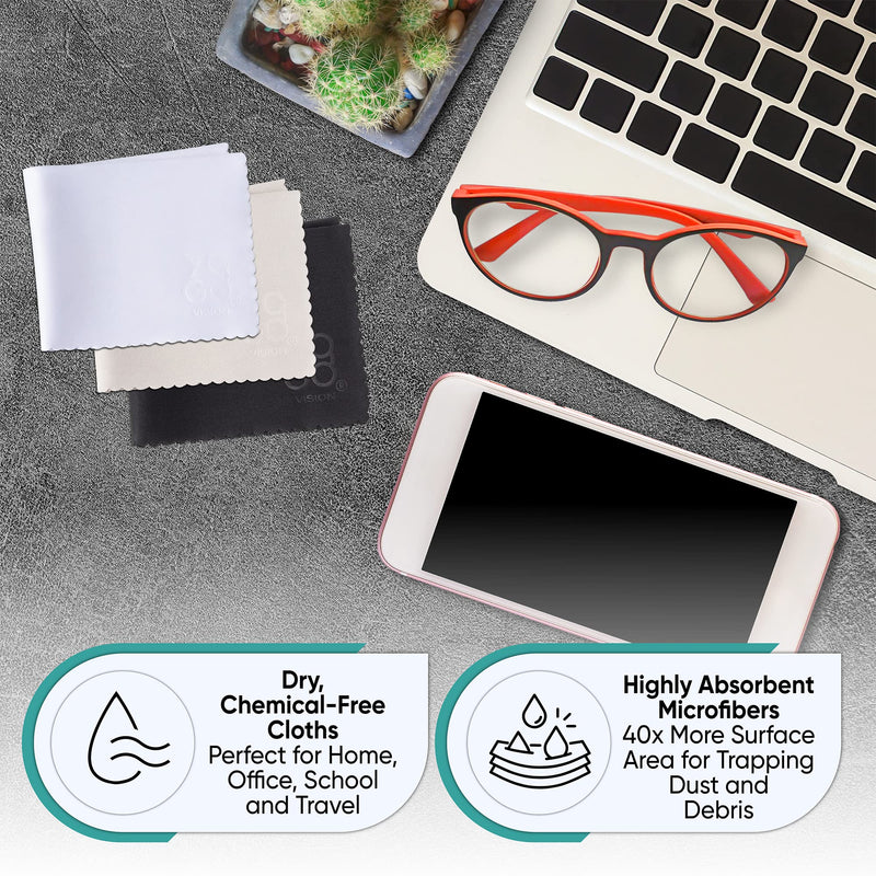 Microfiber Cleaning Cloth 12-Pack Individually Packed (6"x 7") Glasses Cleaning Cloths for Eyeglasses Phone Computer Screen Laptop Camera Lenses (10 White, 1 Grey, 1 White) 10 Black 1 Grey 1 White