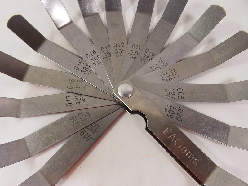 Offset Feeler Gauge Set by EAGems, for Measuring Gap Width or Thickness - Includes 16 Blades Imprinted with Inches and Millimeters, between .005-.020 inch / .127-.508 mm