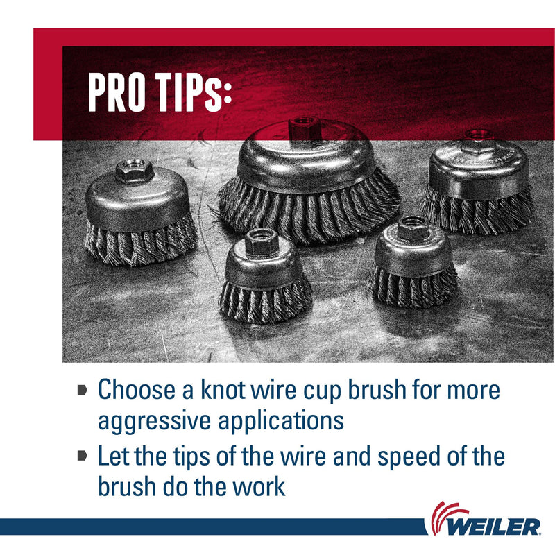 Weiler 13025 2-3/4" Single Row Knot Wire Cup Brush, .014" Steel Fill, 5/8"-11 Unc Nut, Made in the USA 2-3/4" Dia .014" Wire Size x 1" Trim Length