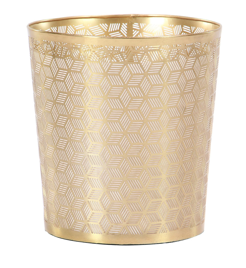 CosmoLiving by Cosmopolitan Metal Geometric Small Waste Bin with Laser Carved Design, 9" x 9" x 10", Gold Hexagon