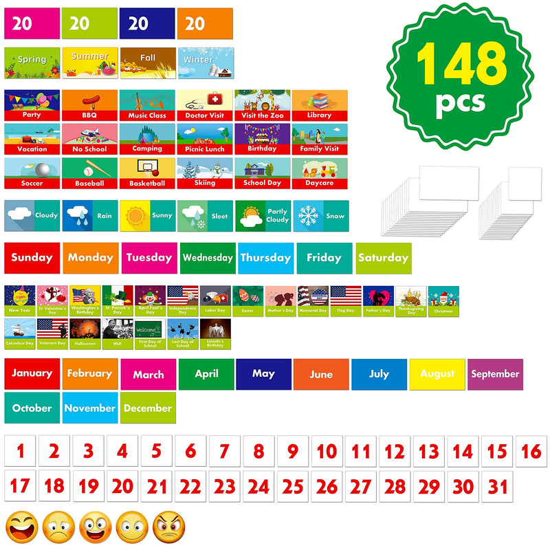 Black Calendar and Weather Pocket Chart with 148 Cards,(108 Illustrated Activity Cards, 40 Dry Erasable Flash Cards and 3 Hooks 28"x35.5") Black