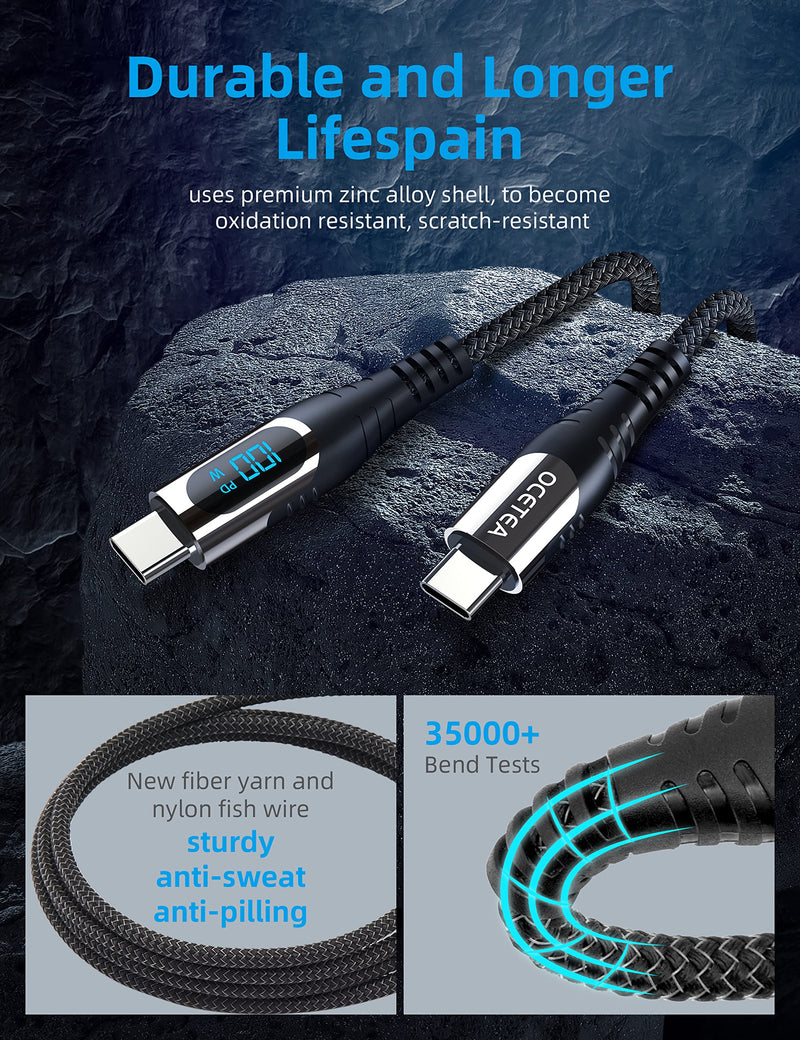 Ocetea 100W USB C to USB C cable, 1M 5A fast charging cable PD QC5.0 with LED display, compatible with iPhone 15/15 Pro/15 Pro Max MacBook Pro Air iPad Pro Air Galaxy S23 S22 Pixel Switch Black