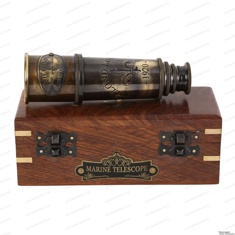 DOLLOND London 1920 Marine Collectible Décor Nautical Spyglass Antique Mounted Solid Brass 15 Inch Pirate Telescope with Wooden and Branded corrugate Box.