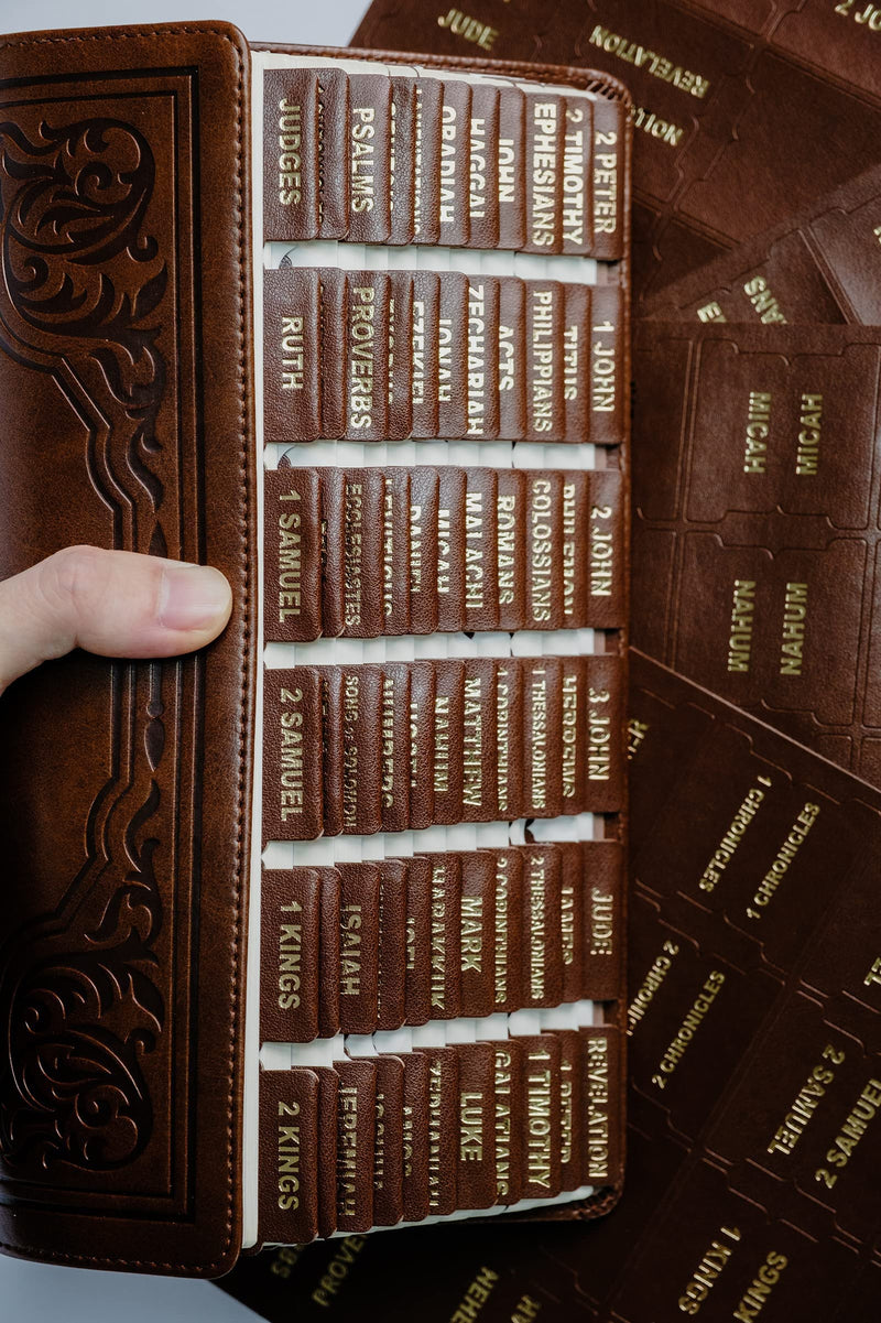 UPAFEXXI- Leather Bible tabs, Bible Tabs for Women and Men, Bible Tabs for Study Bible, 80 Bible Index Book Tabs in Total, 66 Bible Tabs for Old and New Testament, Additional 14 Blank tabs (Brown)