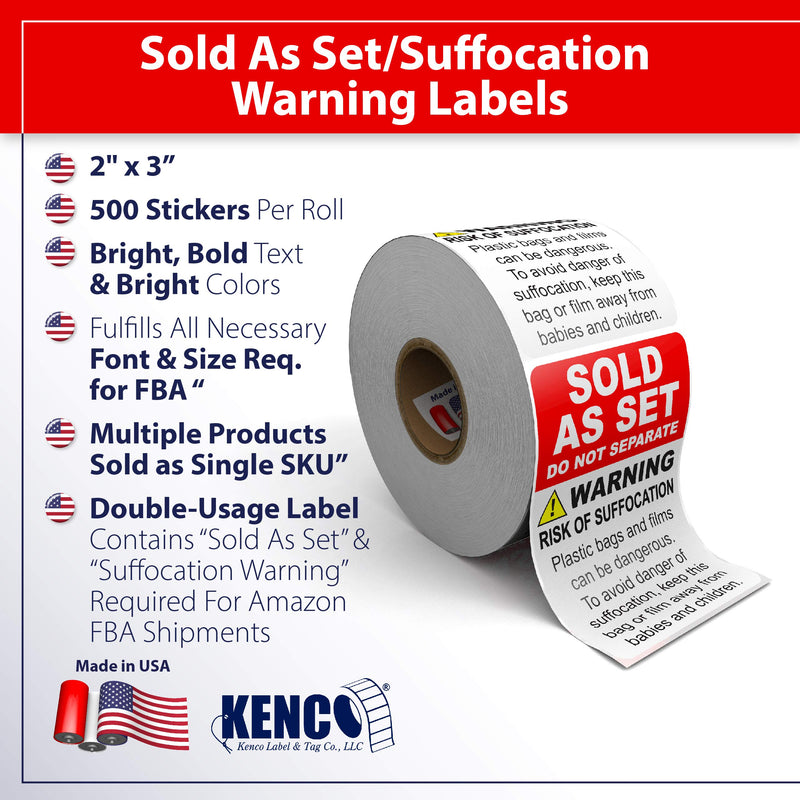 Sold As Set Do Not Separate Suffocation Warning Combo Sticker Labels - 500 Labels Per Roll 2" X 3" - Two Labels in One! (1 Pack) 1 PACK