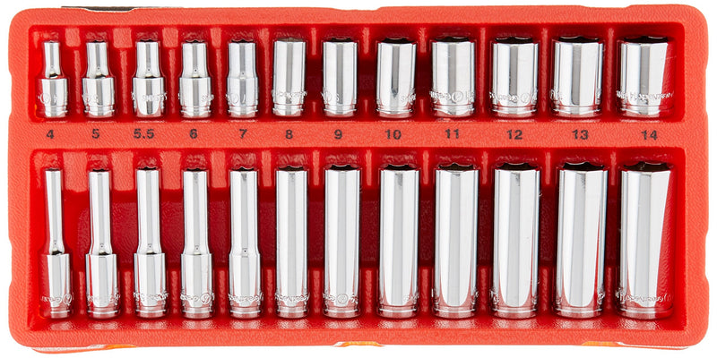 GreatNeck 18622 Metric Socket Set, 1/4 Inch Drive, 24-Piece | Homeowner & Mechanicâ€™s Socket Set w/ Tray | Deep & Shallow Sockets, Take on Any Job | Chrome-Vanadium Steel for Guaranteed Durability