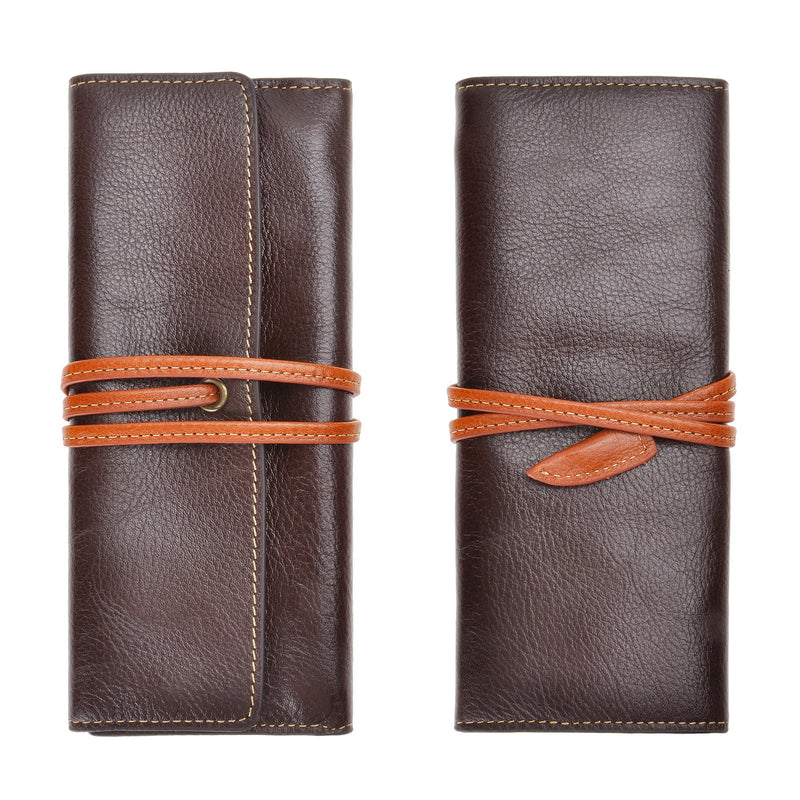 ZLYC Handmade Leather Pen Case Pencil Holder Soft Roll Wrap Bag Pouch Stationery Gift for Students, Coffee