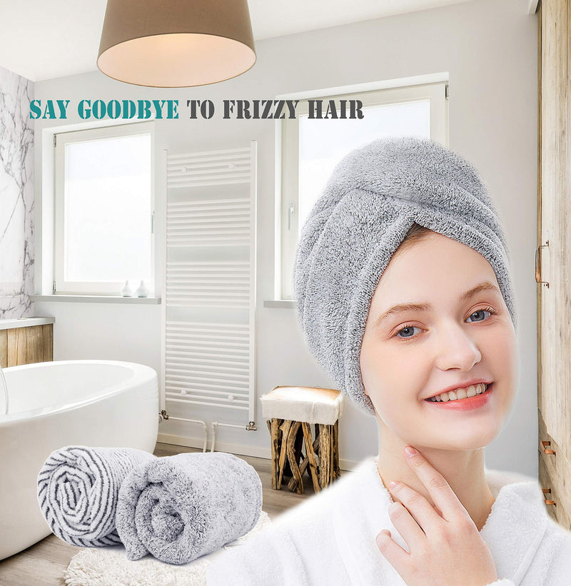 ELLEWIN Bamboo Hair Towel Wrap 2 Pack, Microfiber Hair Drying Shower Turban with Buttons,Super Absorbent Quick Dry Hair Towels for Curly Long Thick Hair, Rapid Dry Head Towel Wrap for Women Anti Frizz