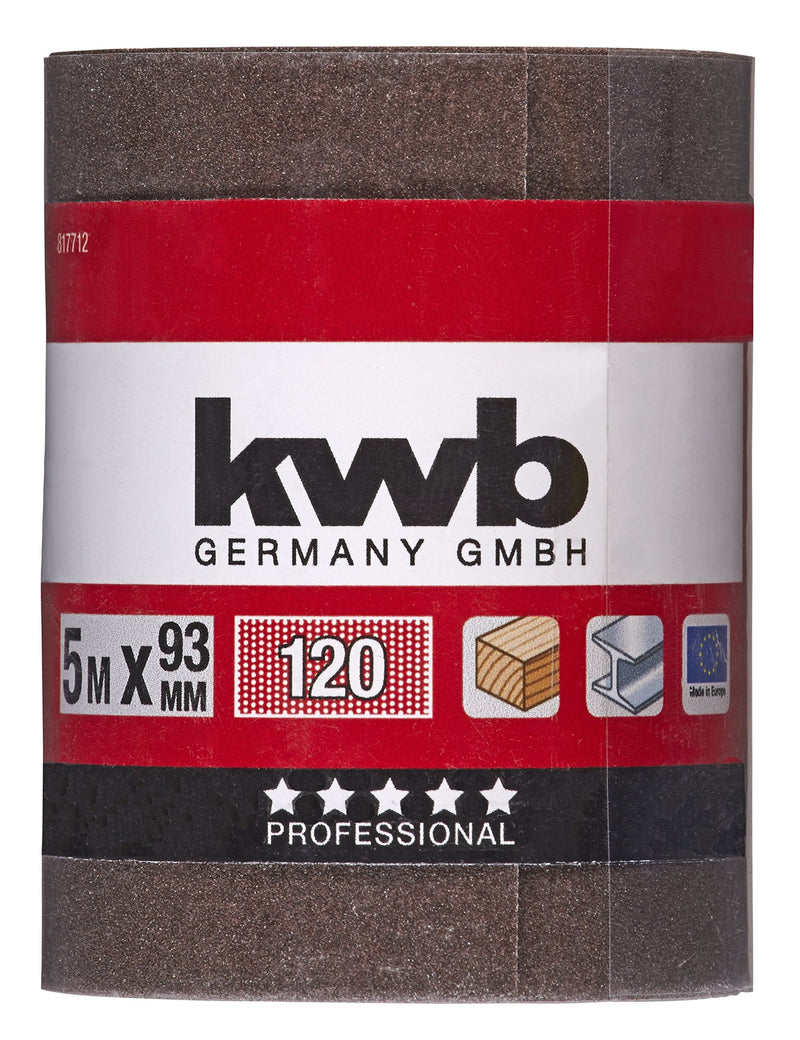 kwb sandpaper roll K-120, 93 mm x 5 m, for metal and wood, corundum, suitable for hand and orbital sander sanding roll
