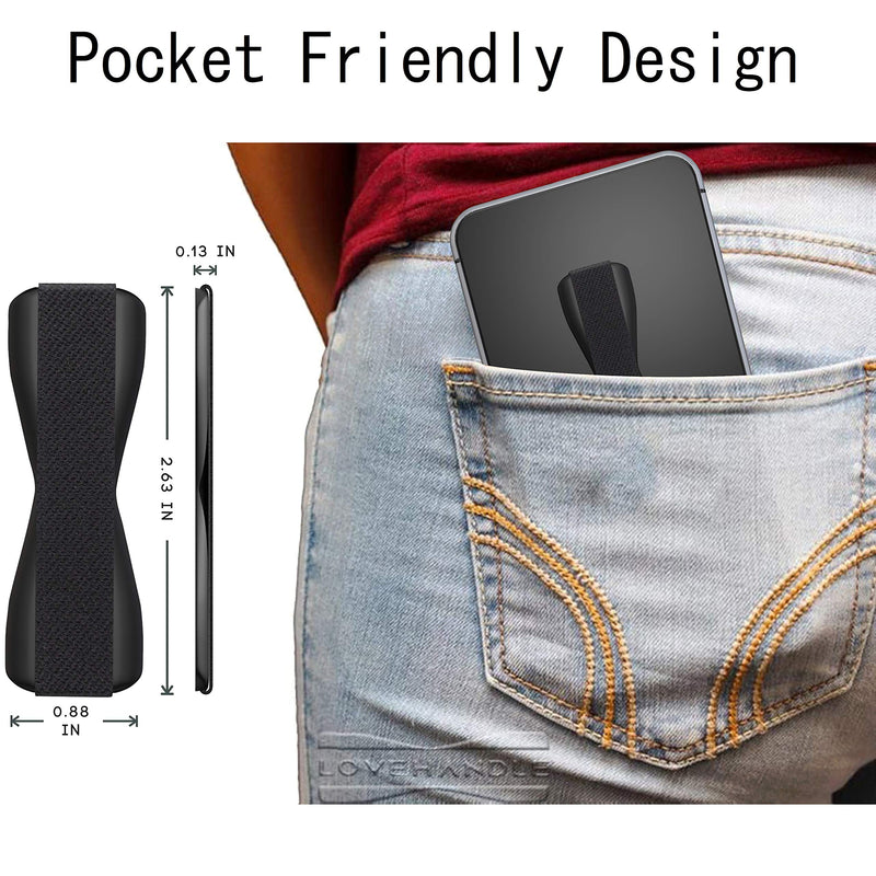 Love Handle Cell Phone Grip Holds Device with just a Finger - Ultra Slim Pocket Friendly Finger Strap for iPhone and Mini Tablet - Grip it Securely for Texting, Photos and Selfies (Black 2-Pack)
