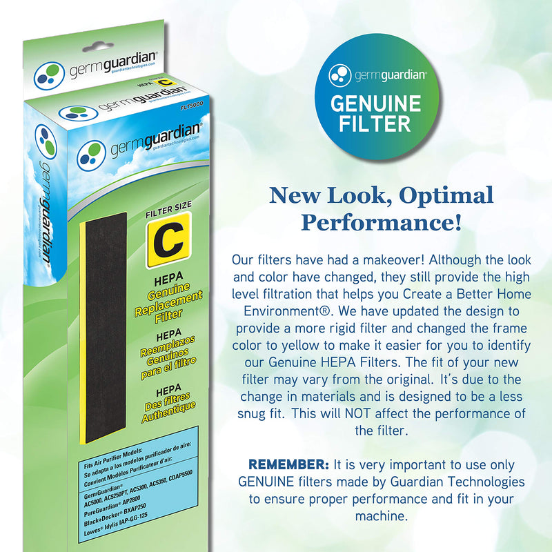 GermGuardian Air Purifier Filter FLT5000 Genuine HEPA Replacement Filter C for AC5000, AC5000E, AC5250PT, AC5350B, AC5350BCA, AC5350W, AC5300B Germ Guardian Air Purifiers , Gray 1 Pack