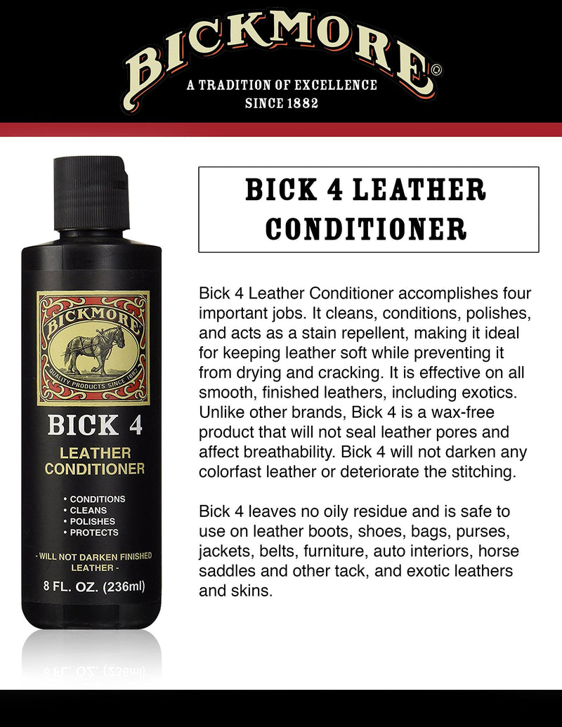 Bickmore Bick 4 Leather Conditioner 8 oz - Best Since 1882 - Cleaner & Conditioner - Restore Polish & Protect All Smooth Finished Leathers