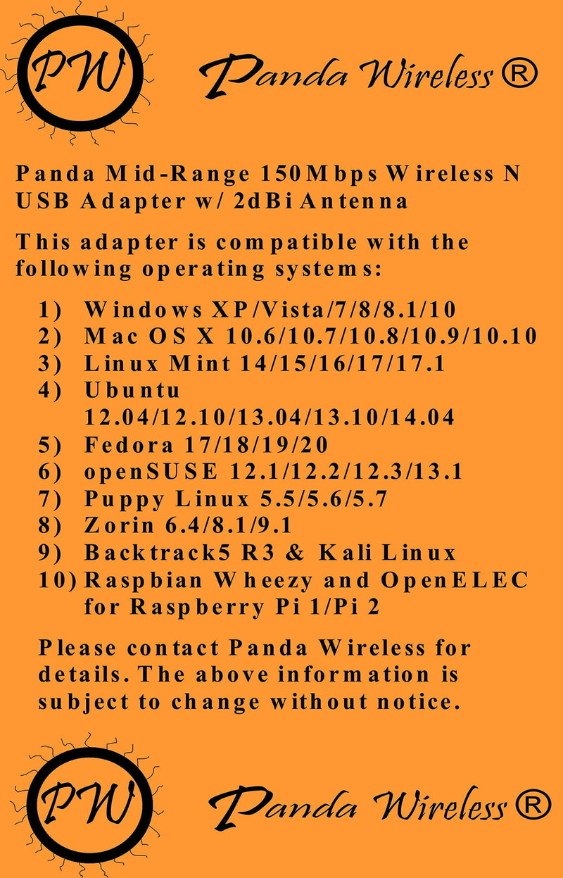 Panda Wireless® Mid Range 150Mbps Wireless N USB Adapter w/ 2dBi Antenna - Win XP/Vista/7/8/10/11, Mint, Ubuntu, MX Linux, Manjaro, Fedora, Centos, Kali Linux and Raspbian