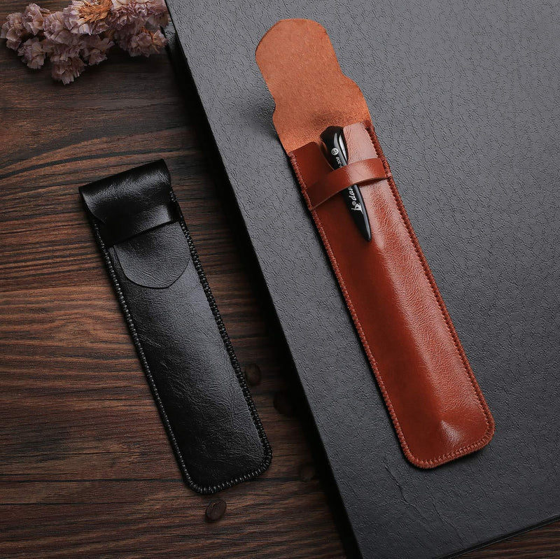 Daimay Leather Pen Case Handmade Fountain Pen Pouch Soft Pen Protective Sleeve Cover Stylus Touch Pen Holder - Pack of 2 (Black & Brown)