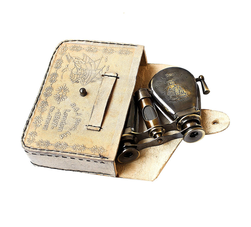 Vintage Antique Spy Glass 1857 R & J Beck Brass Binocular with Leather Case