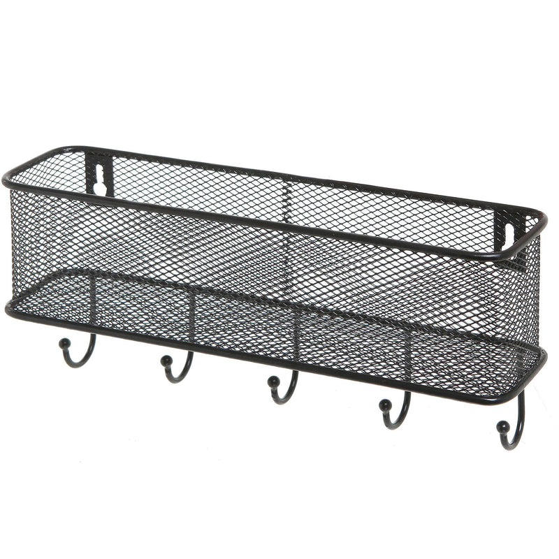 MyGift Wall Mounted Modern Black Metal Entryway Mesh Mail Basket Storage Rack with 5 Key Hook