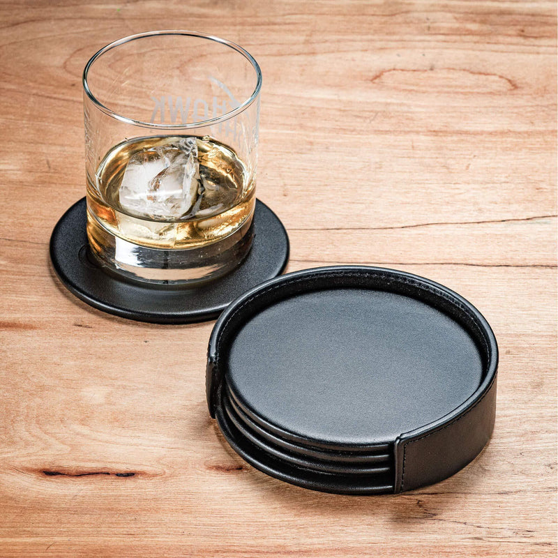 Dacasso Black Leather 4-Round Coaster Set