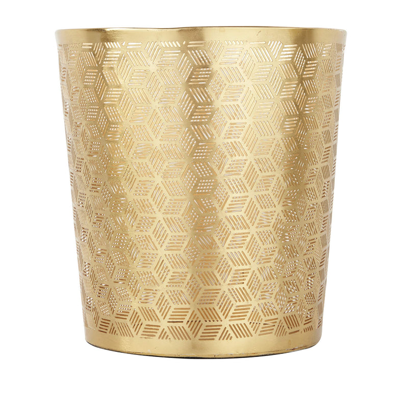 CosmoLiving by Cosmopolitan Metal Geometric Small Waste Bin with Laser Carved Design, 9" x 9" x 10", Gold Hexagon