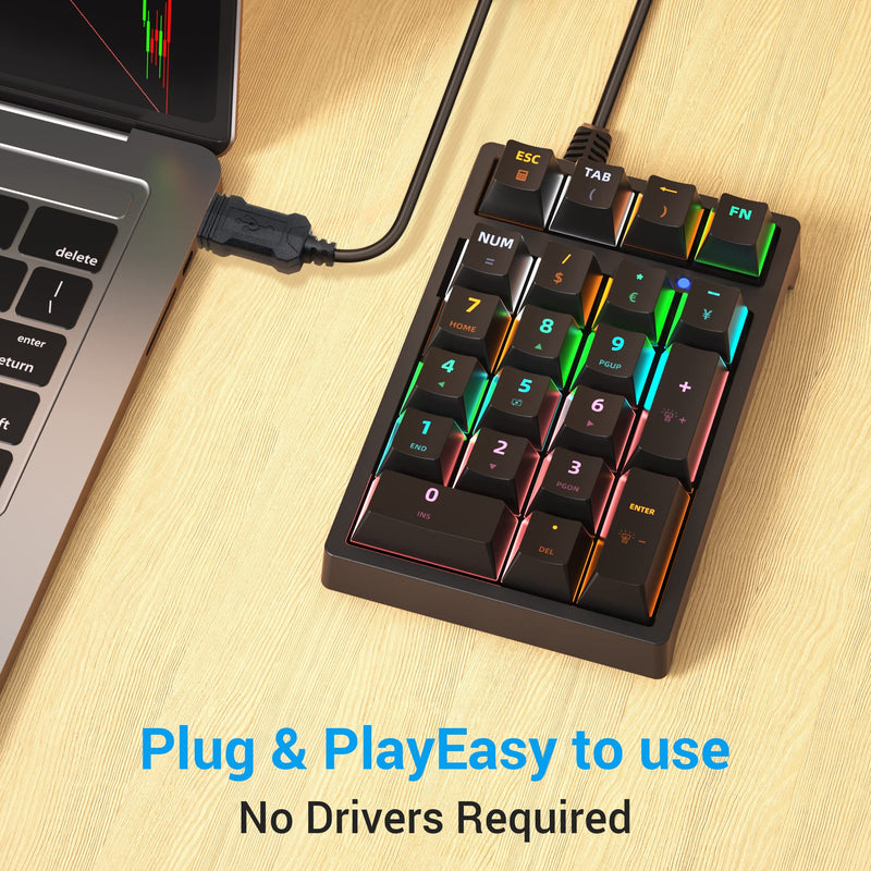 Number Pad, Mechanical USB Wired Numeric Keypad with RGB LED Backlit 21 Key Numpad for Laptop Desktop Computer PC Black (Black)