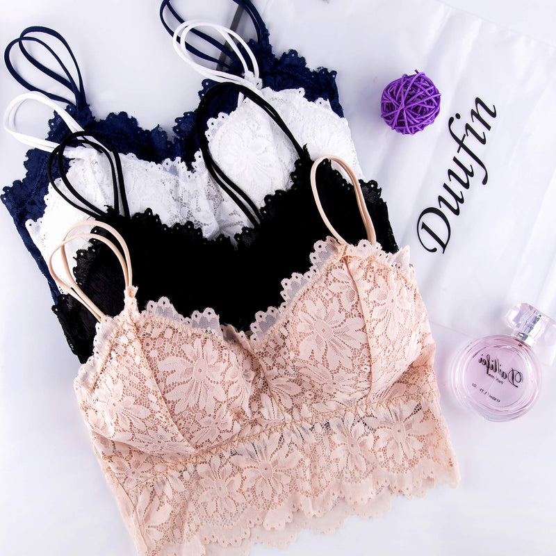 Duufin 5 Pcs Lace Bralettes for Women Bralette Padded Lace Bandeau Bra Small-Medium Red，blue， Black, Beige, White
