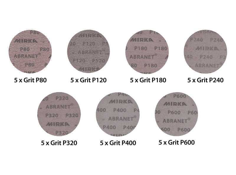 Mirka Abranet mesh sanding discs Ø 125 mm Velcro / mix pack 5 of each grain size 80, 120, 180, 240, 320, 400, 600 / 35 pieces / for all 125 mm eccentric sanders and grinders Mix 1