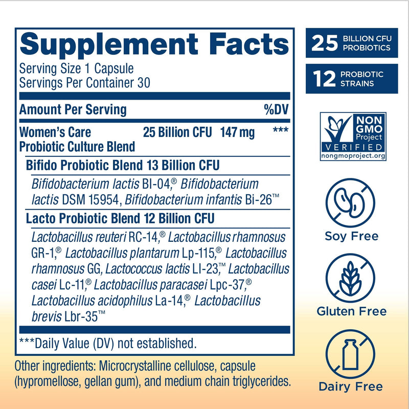 Renew Life Women's Probiotics 25 Billion CFU Guaranteed, 12 Strains, Shelf Stable, Gluten Dairy & Soy Free, 30 Capsules, Ultimate Flora Women's Care 30 Count