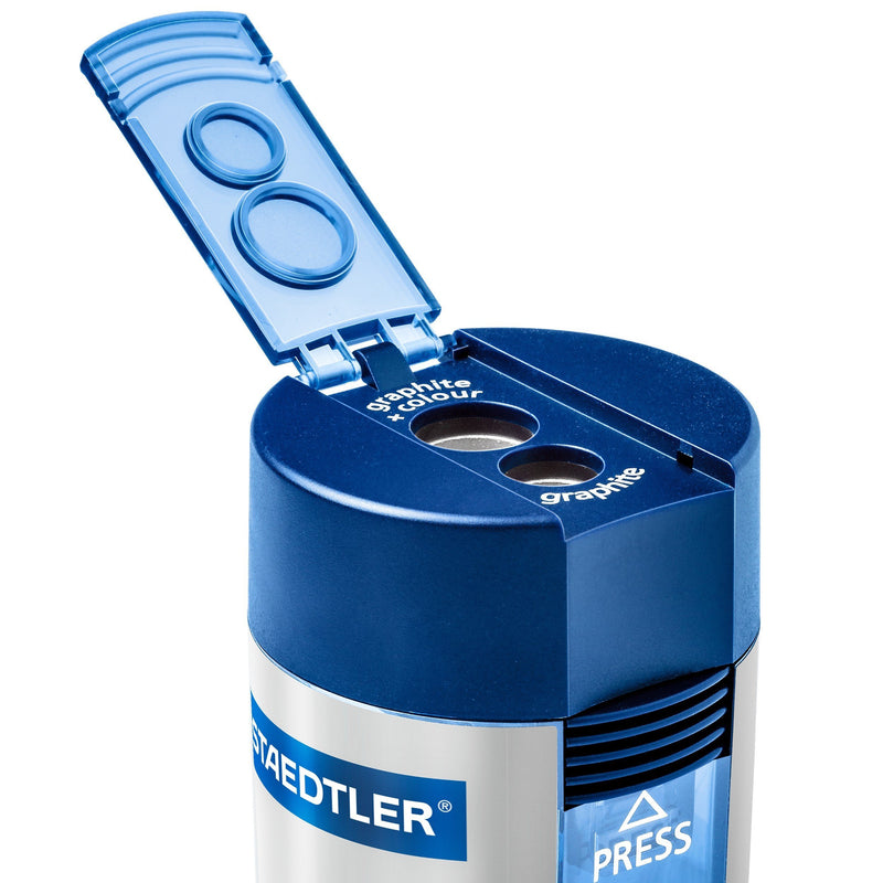 Staedtler 512 001 ST Double-hole Tub Pencil Sharpener 1-2/3 L x 2-1/4 W x 1-2/3 H in Silver/Blue