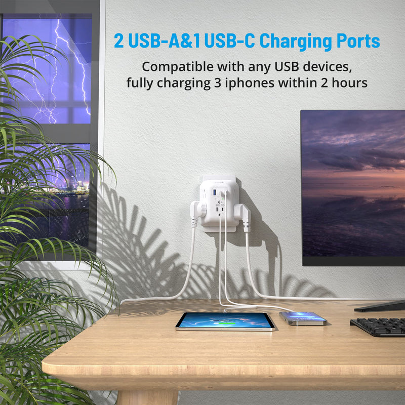 USB Wall Charger, Surge Protector, TROND 5 Outlet Extender with 3 USB Charging Ports (1 USB C) 3 Sided 1440J Multi Plug Outlets, Wall Mount Power Strip for Home Travel Office（ON/Off Switch） 5 outlets