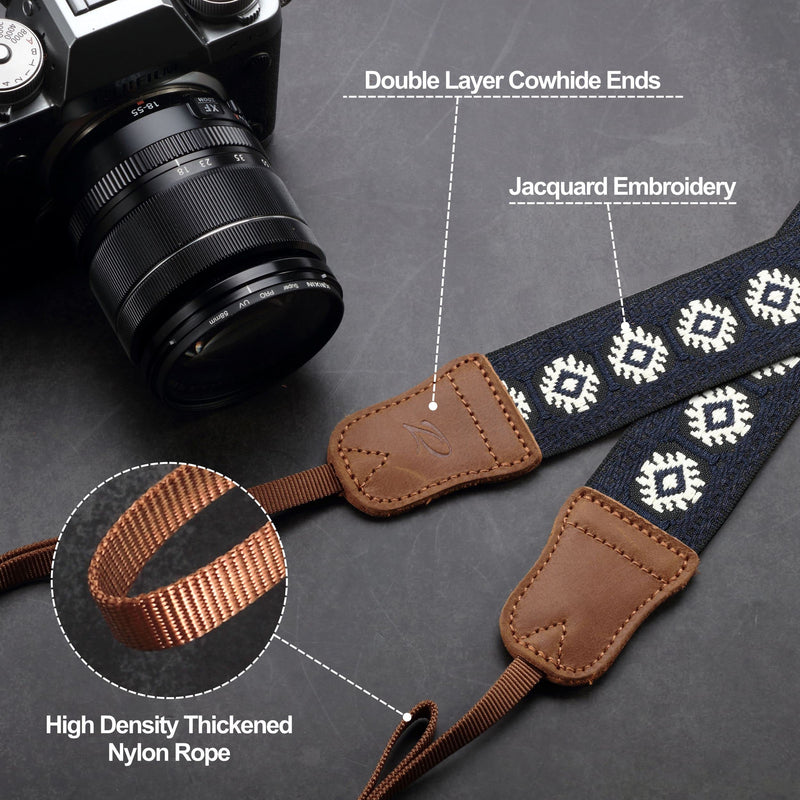 Camera Strap - 1.5" Cowhide Head Shoulder Neck Strap ,Retro Jacquard Embroidery Multi-pattern camera straps for Cameras and Binoculars,Cute Adjustable Thin Strap for Adults & Kids(Vintage Blue） Vintage Blue 1.5 inch Wide / Adjustable 31~60 inch