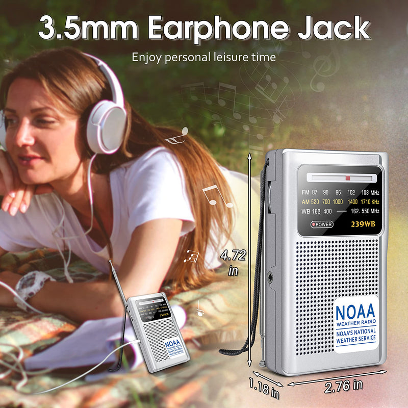 Greadio NOAA Weather Radio, AM/FM Battery Operated Transistor Portable Radio with Best Reception,Stereo Earphone Jack,Powered by 2 AA Battery for Emergency,Hurricane,Running, Walking,Home (Silver) Silver