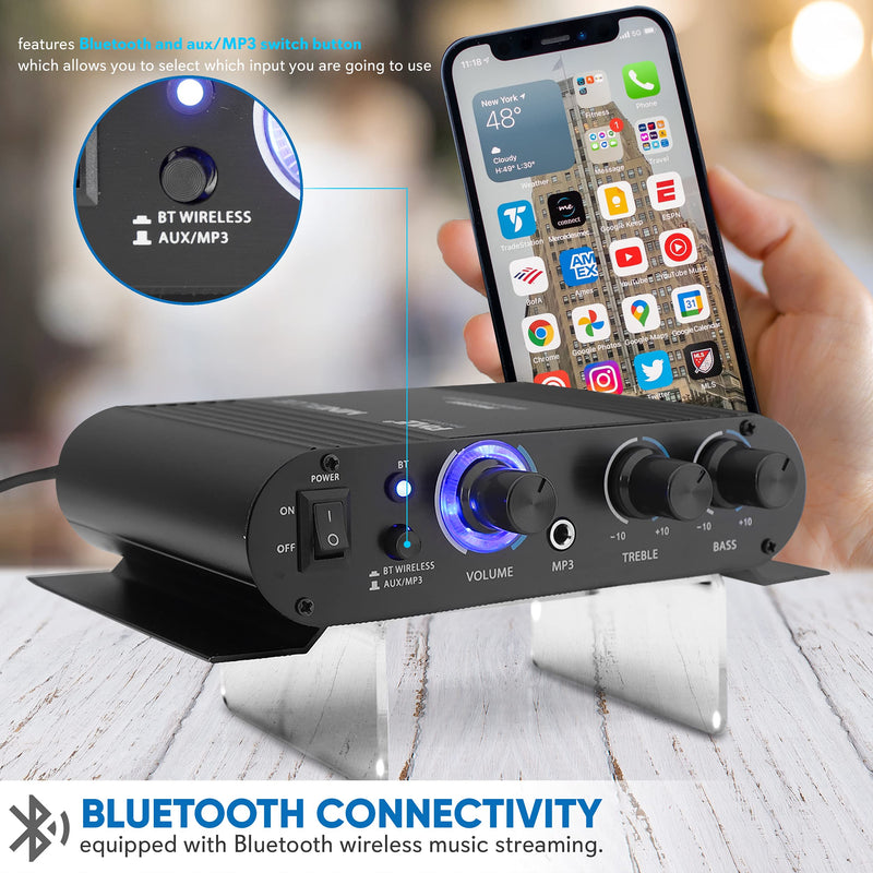 Wireless Bluetooth Home Audio Amplifier - 90W Dual Channel Mini Portable Power Stereo Sound Receiver w/ Speaker Selector, RCA, AUX, LED, 12V Adapter - For iPad, iPhone, PA, Studio Use - Pyle PFA330BT