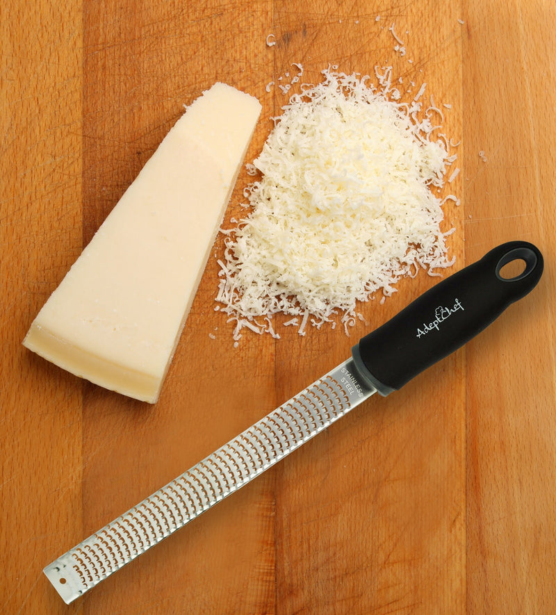 Citrus Lemon Zester & Cheese Grater by AdeptChef - Parmesan Cheese, Lemon, Ginger, Garlic, Nutmeg, Vegetables, Fruits - Razor-sharp Stainless Steel Blade Protective Cover, Dishwasher Safe without Finger Cots Black