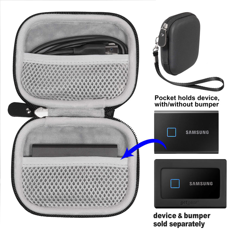 getgear Handy Case for Samsung T7 Touch Portable SSD, T5, Card Reader, USB Hub, Type C Hub, HD Hub,Mesh Pockets, Wrist Strap Black case