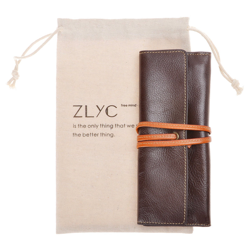 ZLYC Handmade Leather Pen Case Pencil Holder Soft Roll Wrap Bag Pouch Stationery Gift for Students, Coffee