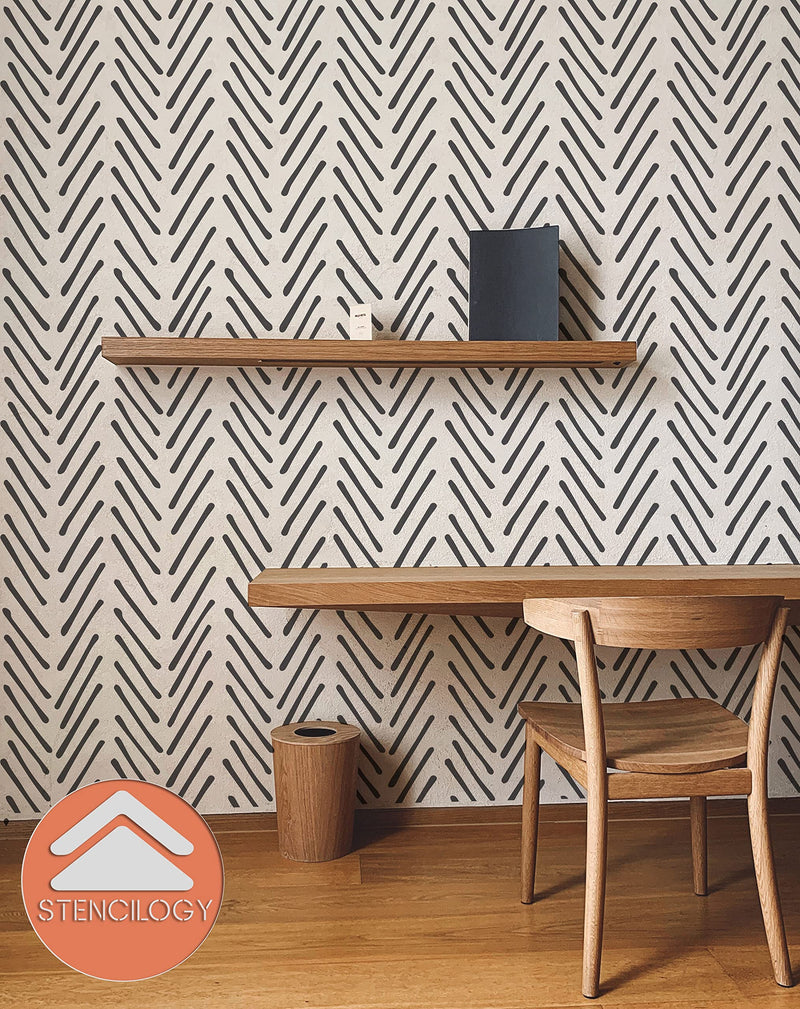 STENCILOGY® / Volga - 24" x 36" XL Wall Stencil, Herringbone Hand Drawn, Large Allover Wall Stencils for Painting, Stencils for Walls, Minimal Stencil Pattern