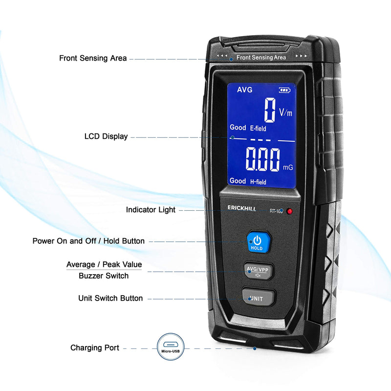 ERICKHILL EMF Meter, Digital Electromagnetic Field Radiation Detector Hand-held LCD EMF Detector Rechargeable for Home EMF Inspections, Office, Outdoor MF/EF Meter RT-100