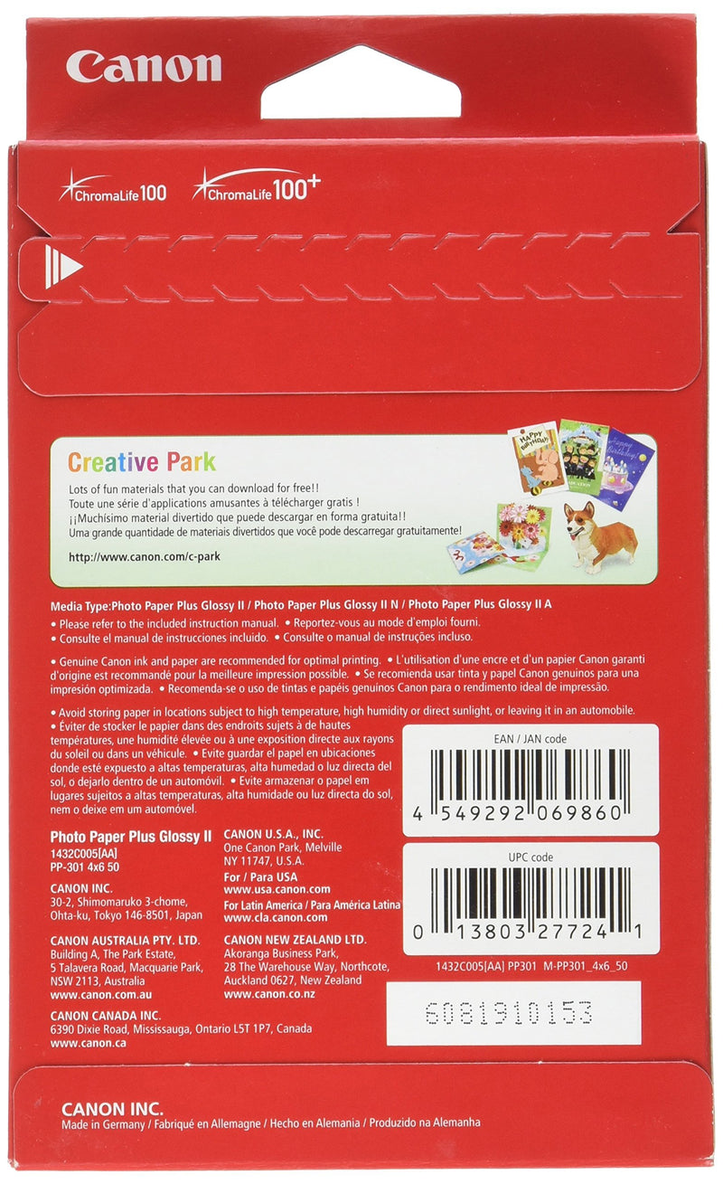 Canon Glossy Photo Paper Plus II, 4"x6"(50 Sheets) 4'x6' (50 Sheets) Single