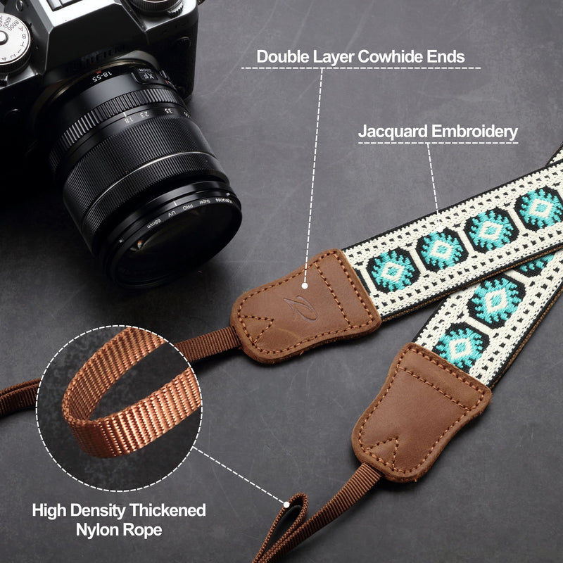 Camera Strap - 1.5" Cowhide Head Shoulder Neck Strap ,Retro Jacquard Embroidery Multi-pattern camera straps for Cameras and Binoculars,Cute Adjustable Thin Strap for Adults & Kids(Vintage White） Vintage White 1.5 inch Wide / Adjustable 31~60 inch