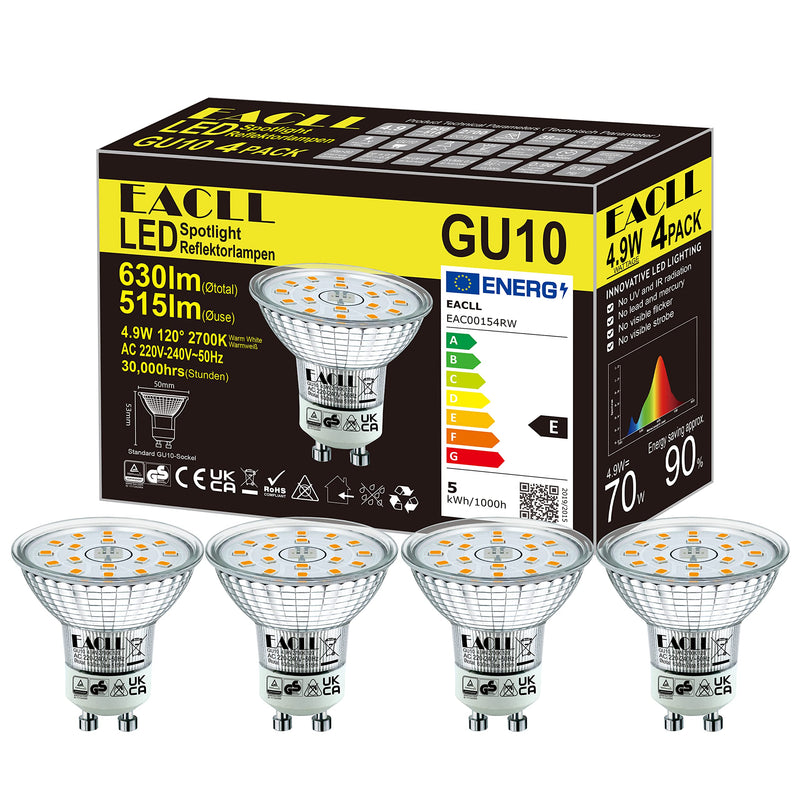 EACLL GU10 LED warm white 4.9W replaces 70W halogen bulbs, pack of 4. 515 Lumen 2700K Bulbs, AC 230V Flicker-Free Spotlights, Beam Angle 120° Spot, Not Dimmable Reflector Lamps 4.9w 2700k Warm White Light Pack of 4 (Pack of 1)