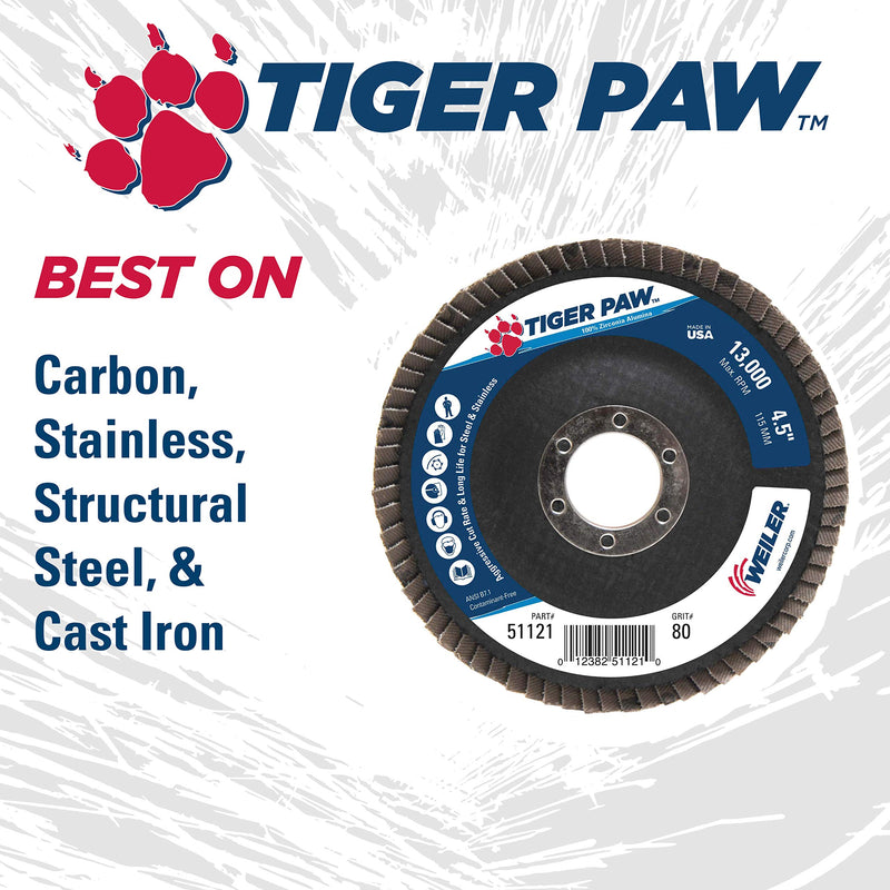 Weiler 51121 4-1/2" Tiger Paw Abrasive Flap Disc, Angled (Ty29), Phenolic Backing, 80Z, 7/8" Arbor Hole, Made in The USA (Pack of 10) Type 29 7/8" Arbor 80 Grit
