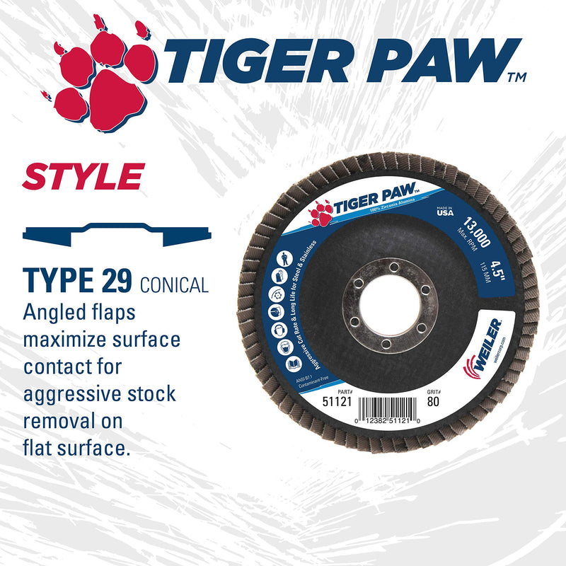 Weiler 51121 4-1/2" Tiger Paw Abrasive Flap Disc, Angled (Ty29), Phenolic Backing, 80Z, 7/8" Arbor Hole, Made in The USA (Pack of 10) Type 29 7/8" Arbor 80 Grit